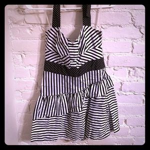 Black/white stripe and polka dot halter dress